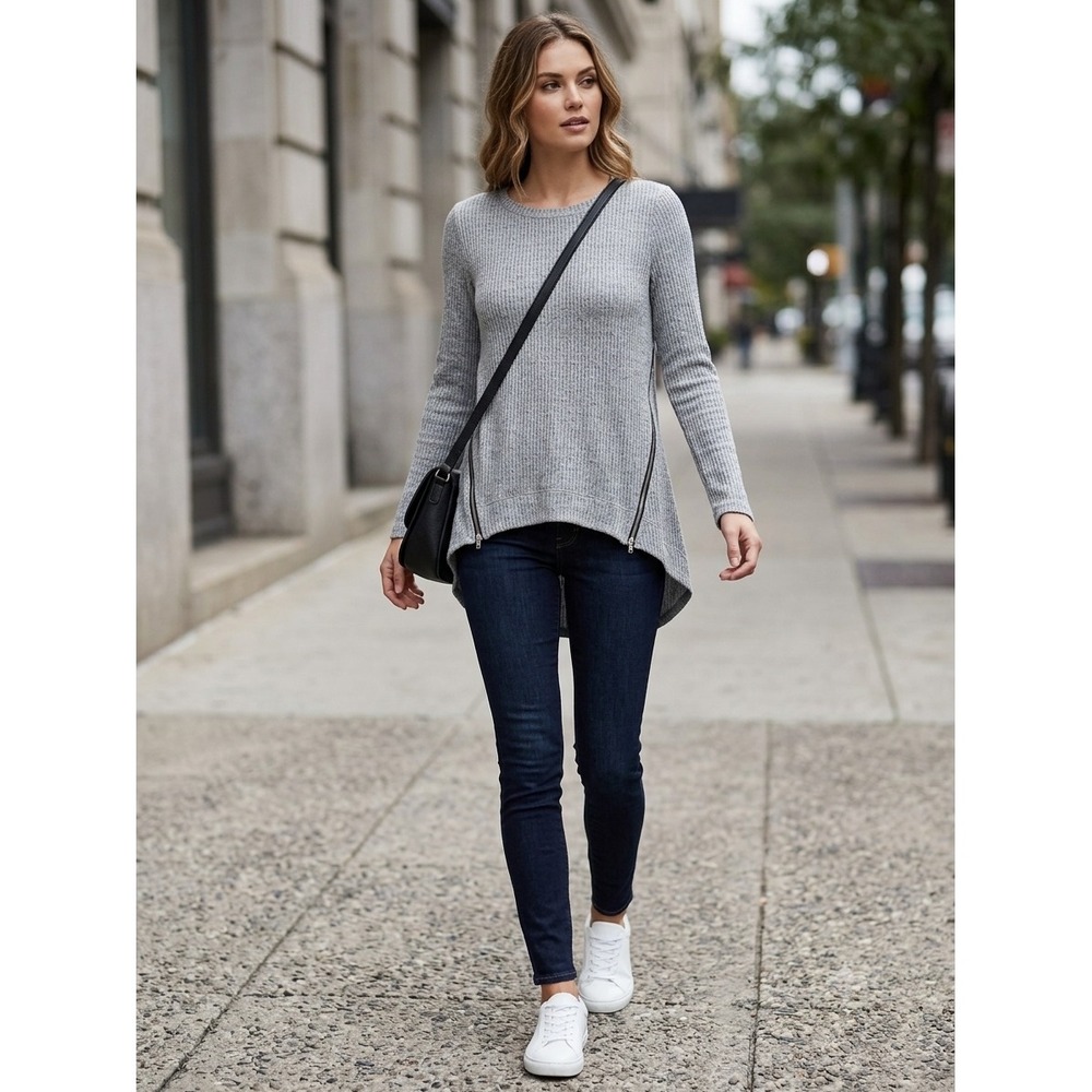 Rachel Rachel Roy Gray Ribbed Knit Tunic Sweater Side Zippers Women Medium
